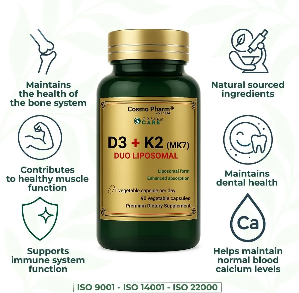 لیپوزومال D3 + K2 (MK-7) - 90 کپسول گیاهی - 1 کپسول در روز - وگان - بدون سویا، بدون مواد نگهدارنده