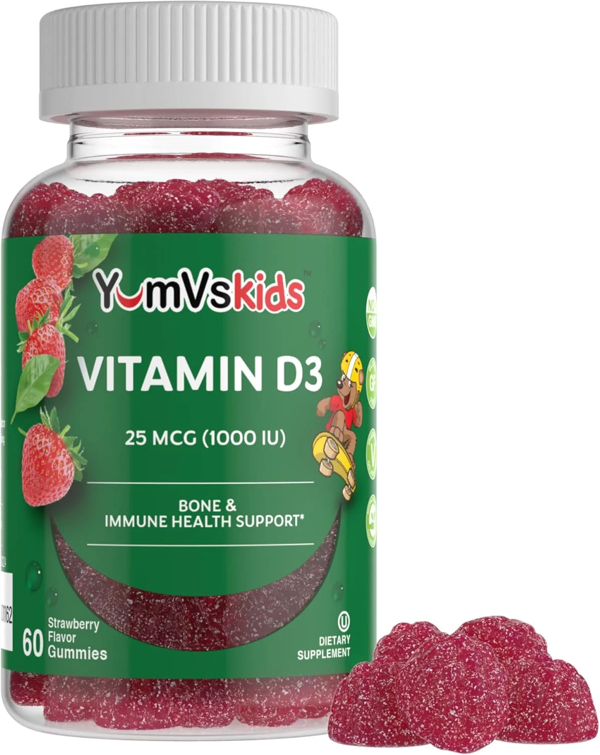 ژله های جویدنی ویتامین D (1000 واحد بین المللی) YUM-V's با طعم توت خوشمزه (60 عدد) برای کودکان؛ مکمل غذایی روزانه حاوی ویتامین های ضروری - کوشر، حلال، بدون گلوتن، ویتامین های کودکان