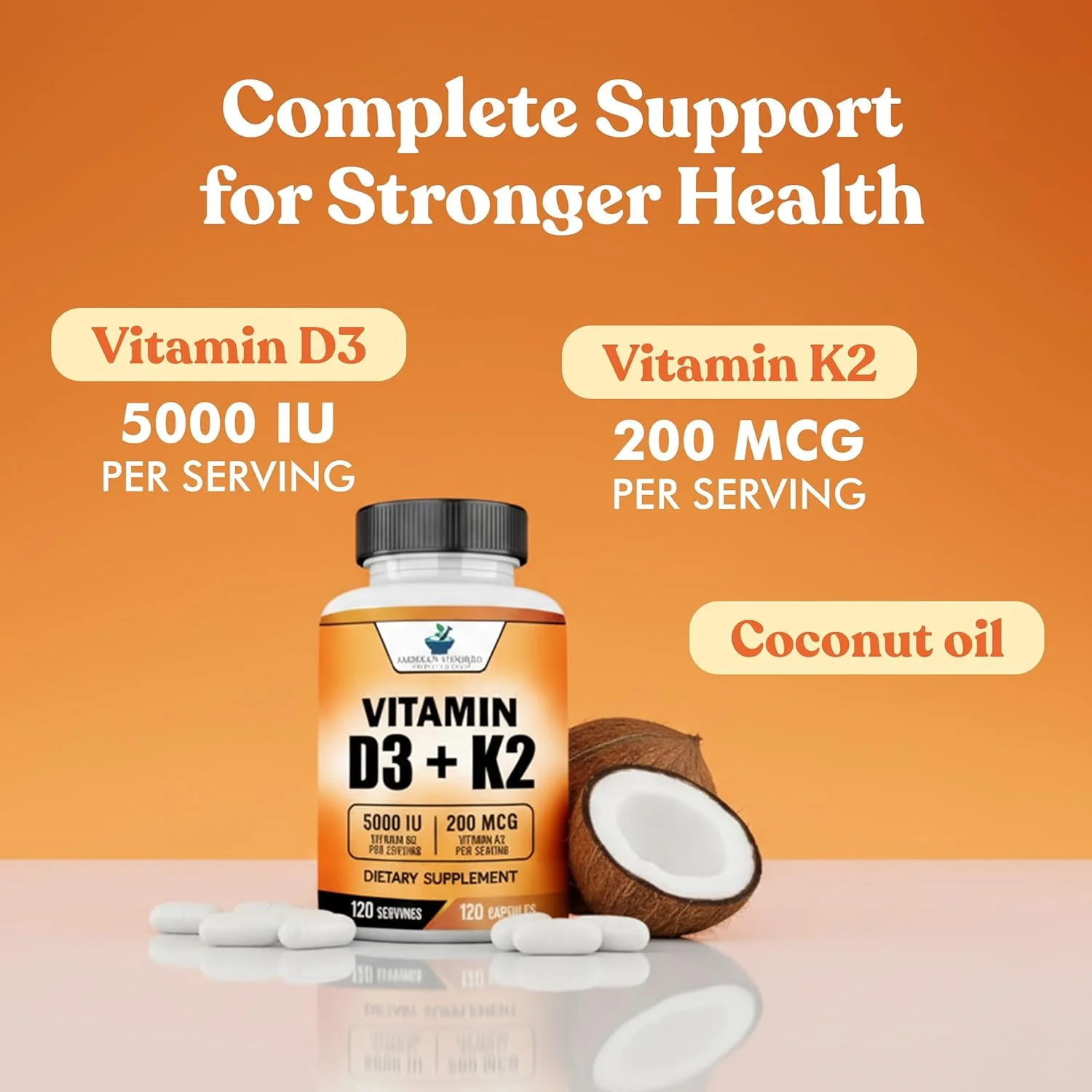 ویتامین D3 K2 (MK-7)، ویتامین D3 (5000IU) + K2 (MK-7) 200mcg با روغن نارگیل ارگانیک، ویتامین D3 + K2، ویتامین K2 D3، سلامت سیستم ایمنی و استخوان، بدون مواد افزودنی، ساخت آمریکا، 120 کپسول گیاهی