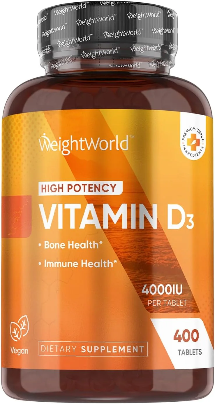 ویتامین D3 4000 IU - 400 قرص - ویتامین D به حفظ استخوان های طبیعی کمک می کند - ویتامین خورشید - کوله کلسیفرول - فاقد استئارات منیزیم، بدون افزودنی، گیاهی WeightWorld