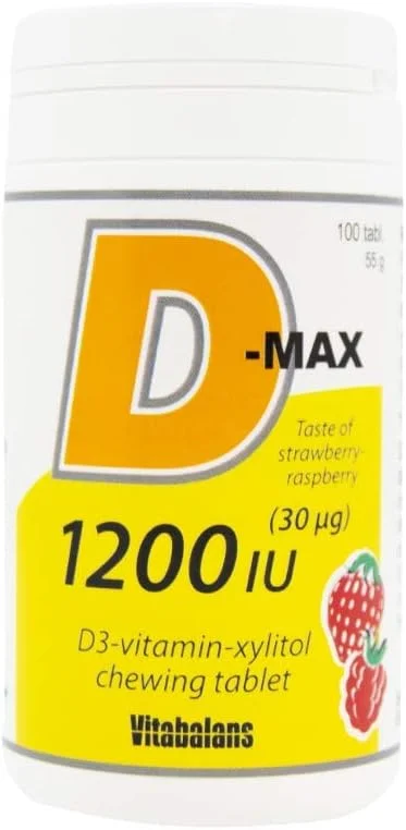 قرص های جویدنی ویتامین D3 1200 IU دی-مکس، کمک به رشد عضلات و اسکلت، بدون لاکتوز، بدون شکر، بدون گلوتن، 100 عدد قرص جویدنی، طعم توت فرنگی-تمشک.