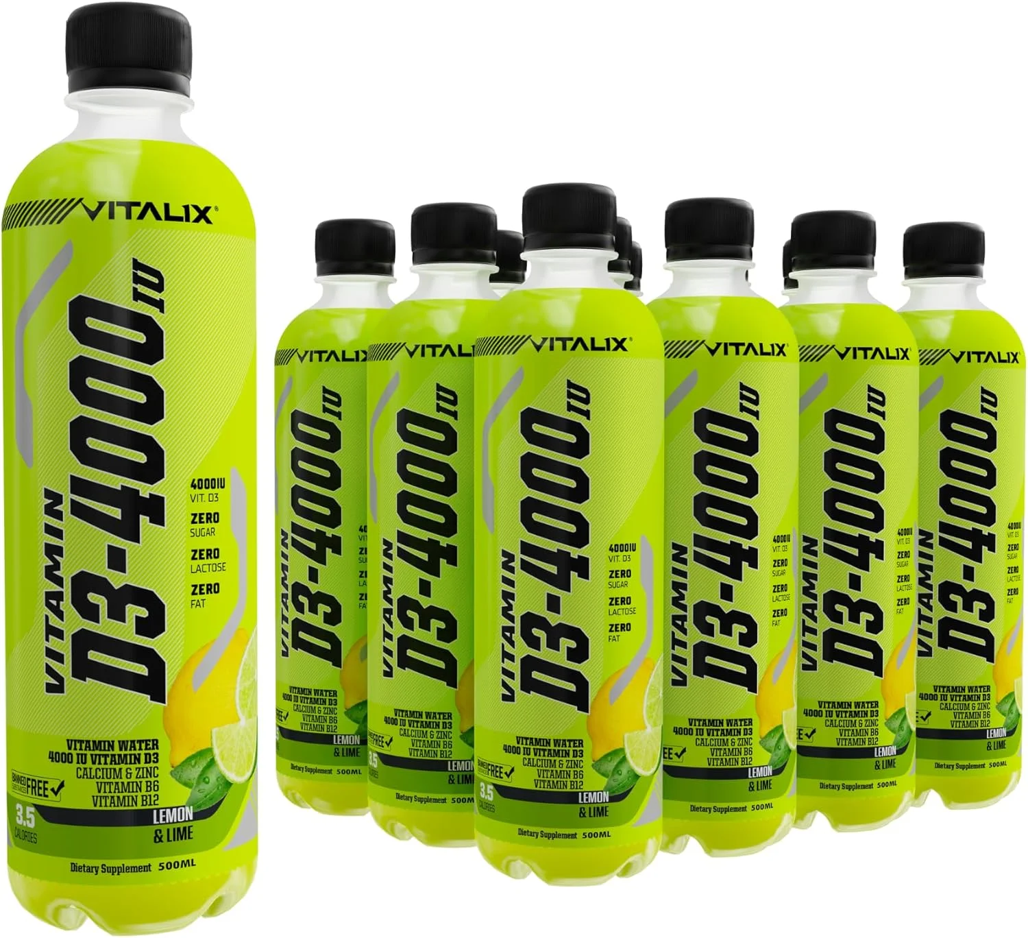 نوشیدنی آب ویتامین ویتالیکس D3 4000 IU، 500 میلی لیتر - حاوی کلسیم، روی، ویتامین های B6 و B12 - بدون شکر، چربی و لاکتوز - نوشیدنی تقویت کننده استخوان و سیستم ایمنی (بسته 12 عددی، لیمو و لیموترش)