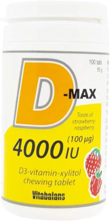 قرص های جویدنی ویتامین D3 4000 IU دی-مکس، کمک به رشد عضلات و اسکلت، بدون لاکتوز، بدون شکر، بدون گلوتن، 100 عدد قرص جویدنی، طعم توت فرنگی-تمشک، ساخت فنل