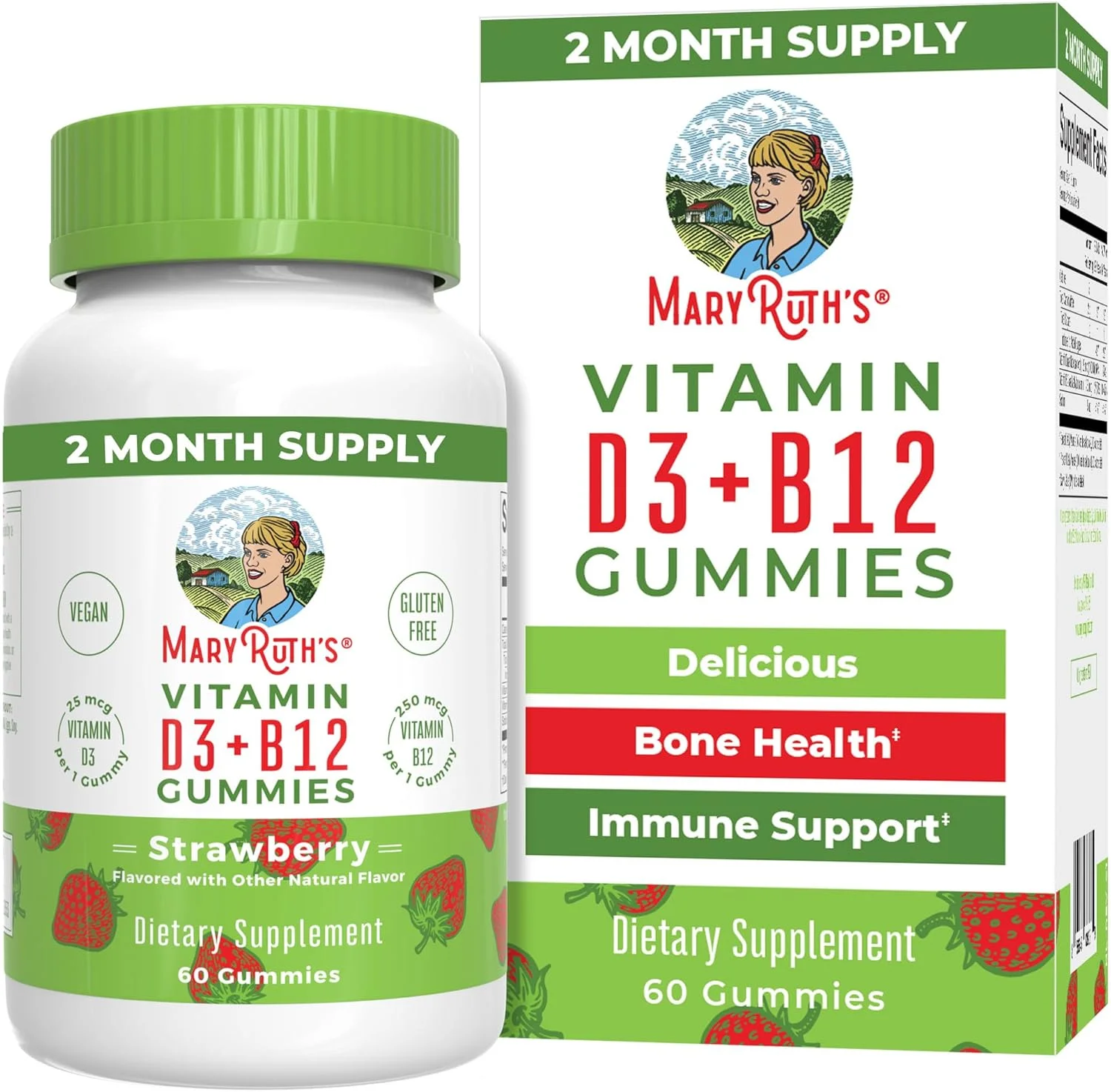 پاستیل ویتامین D3 + B12 گیاهی (پاستیل های گیاهی) از MaryRuth's - تامین 2 ماهه - ساخته شده با مواد ارگانیک، غیر GMO، گیاهی، بدون گلوتن برای مردان، زنان و کودکان 1000 واحد بین المللی ویتامین D3 و 250 میکروگرم ویتامین B12