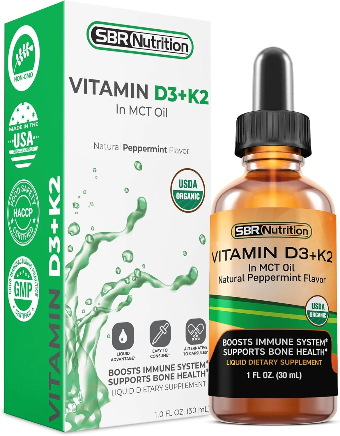 قطره خوراکی ویتامین D3 + K2 با جذب حداکثری SBR Nutrition با روغن MCT، طعم نعناع، کمک به تقویت استخوان ها و سلامت قلب
