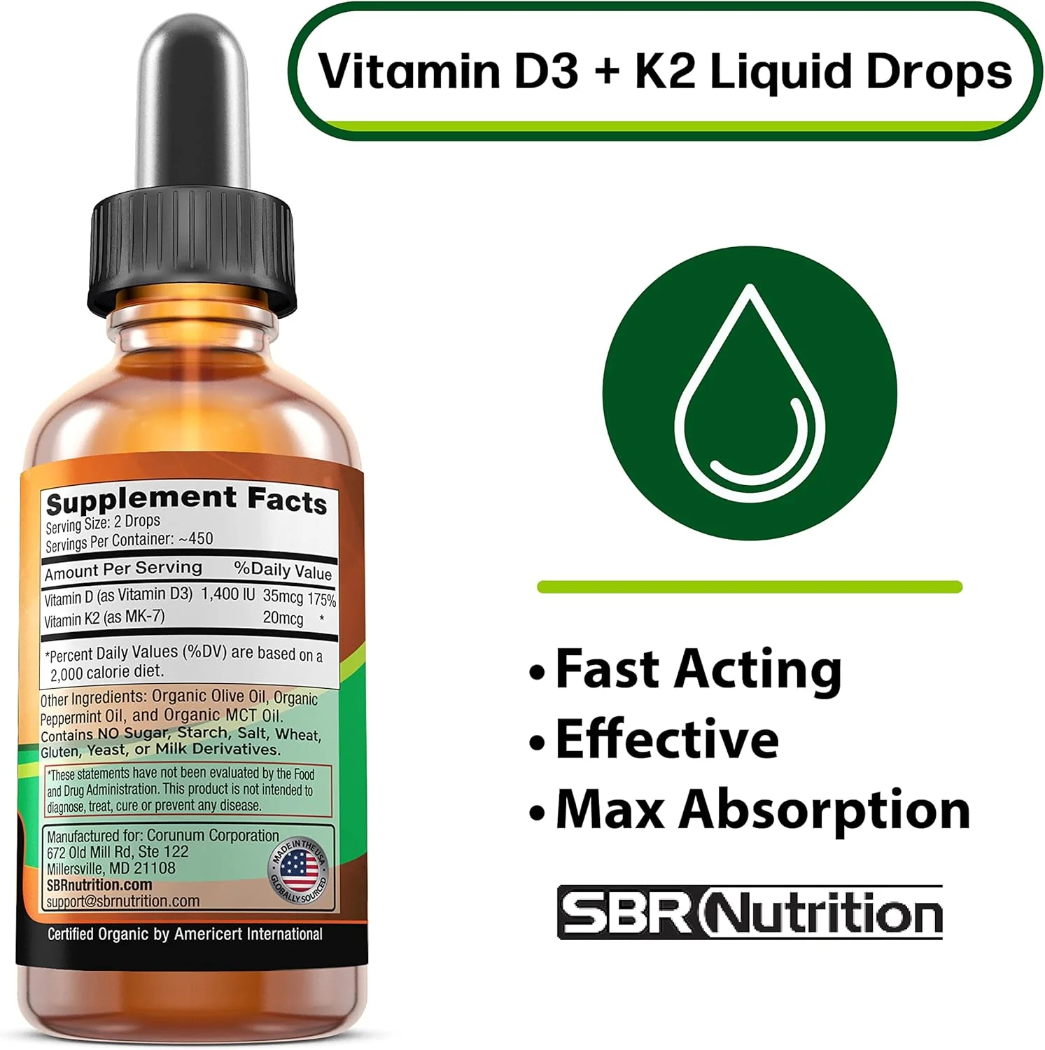 قطره خوراکی ویتامین D3 + K2 با جذب حداکثری SBR Nutrition با روغن MCT، طعم نعناع، کمک به تقویت استخوان ها و سلامت قلب