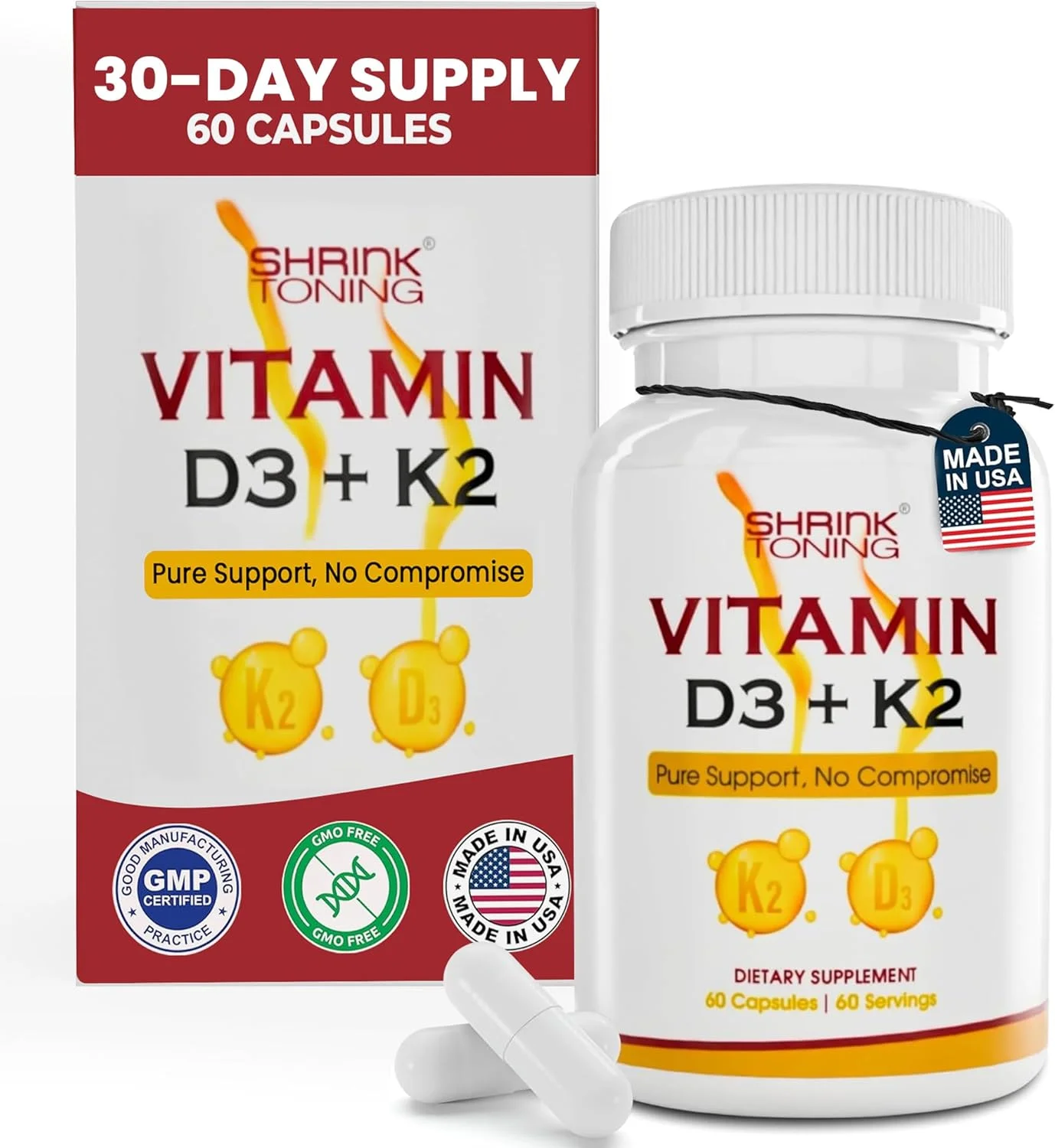 مکمل ویتامین D3 + K2 - 125 میکروگرم ویتامین D3 و 100 میکروگرم K2 - پشتیبانی از سیستم ایمنی و استخوان - غیر GMO، بدون گلوتن - 60 کپسول