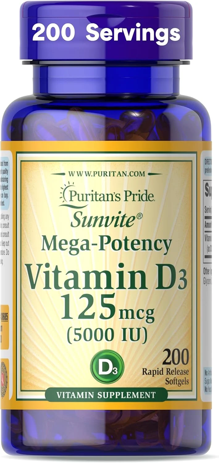 ویتامین D3 Puritan's Pride برای پشتیبانی از سیستم ایمنی، استخوان ها و دندان های سالم (200 سافت ژل، 5000 واحد بین المللی)