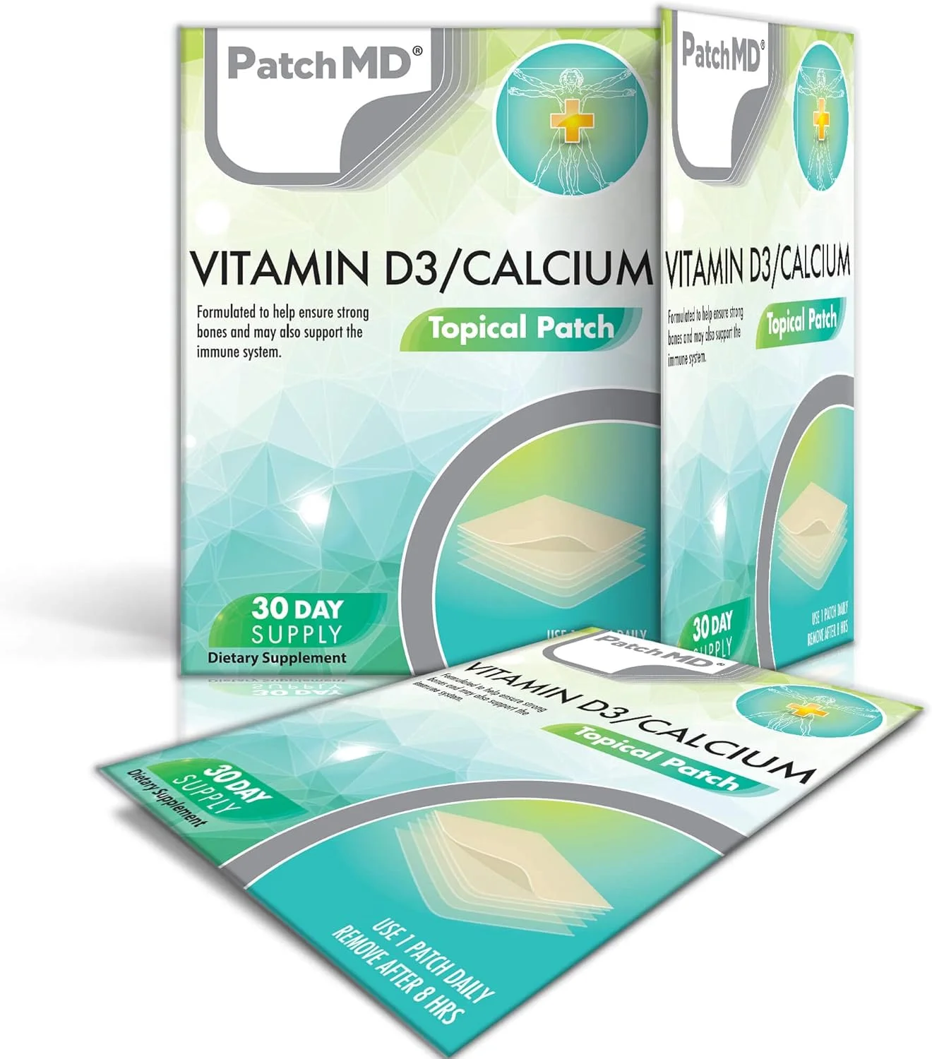 برچسب های موضعی روزانه ویتامین D3/کلسیم پلاس PatchMD، 30 عدد. 100% طبیعی و گیاهی. بدون آلرژی و مواد افزودنی. جذب بالا و فراهمی زیستی بیشتر. مناسب برای معده های حساس و افراد تحت عمل جراحی چاقی.