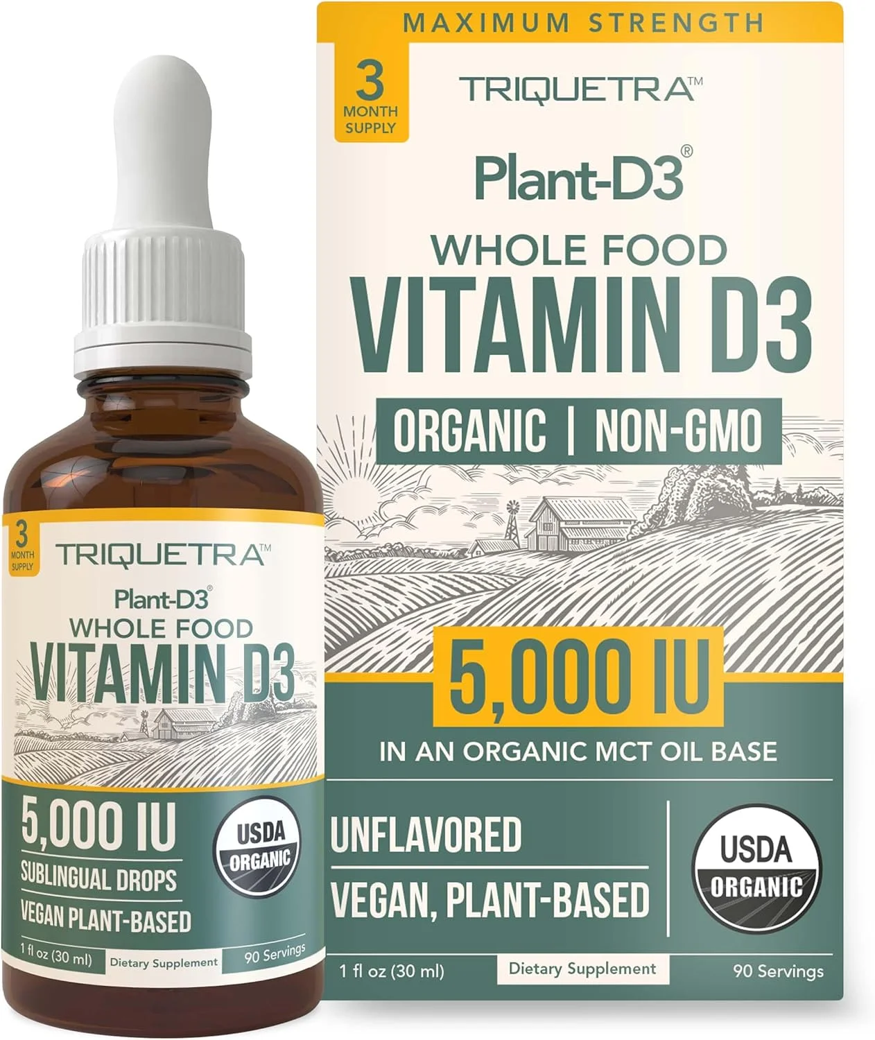 ویتامین D3 ارگانیک Plant-D3 5000 IU - قطره خوراکی زیر زبانی با حداکثر قدرت - جذب 200٪ بیشتر - فرم کوله کلسیفرول 100٪ گیاهی - دوز قابل تنظیم برای تمام سنین (30 میلی لیتر)