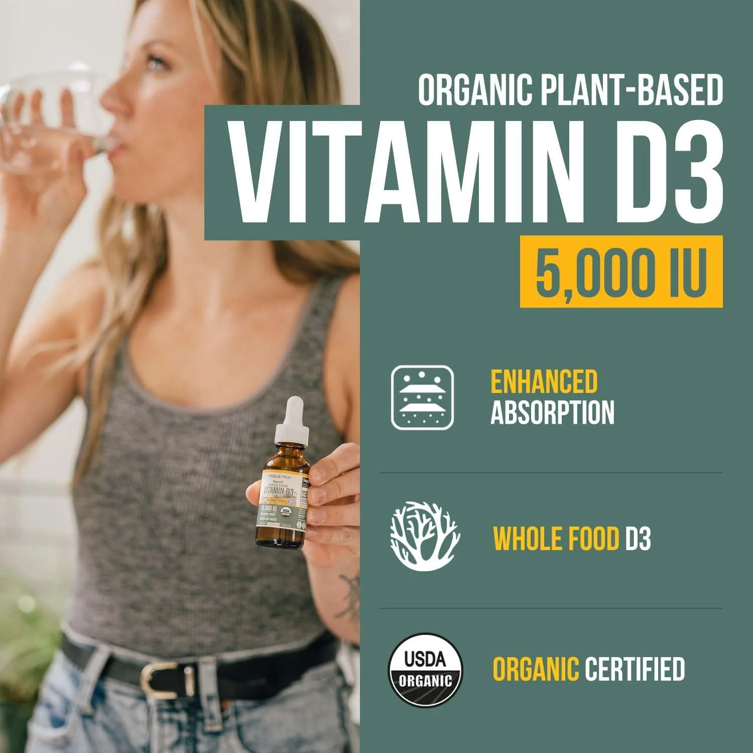 ویتامین D3 ارگانیک Plant-D3 5000 IU - قطره خوراکی زیر زبانی با حداکثر قدرت - جذب 200٪ بیشتر - فرم کوله کلسیفرول 100٪ گیاهی - دوز قابل تنظیم برای تمام سنین (30 میلی لیتر)