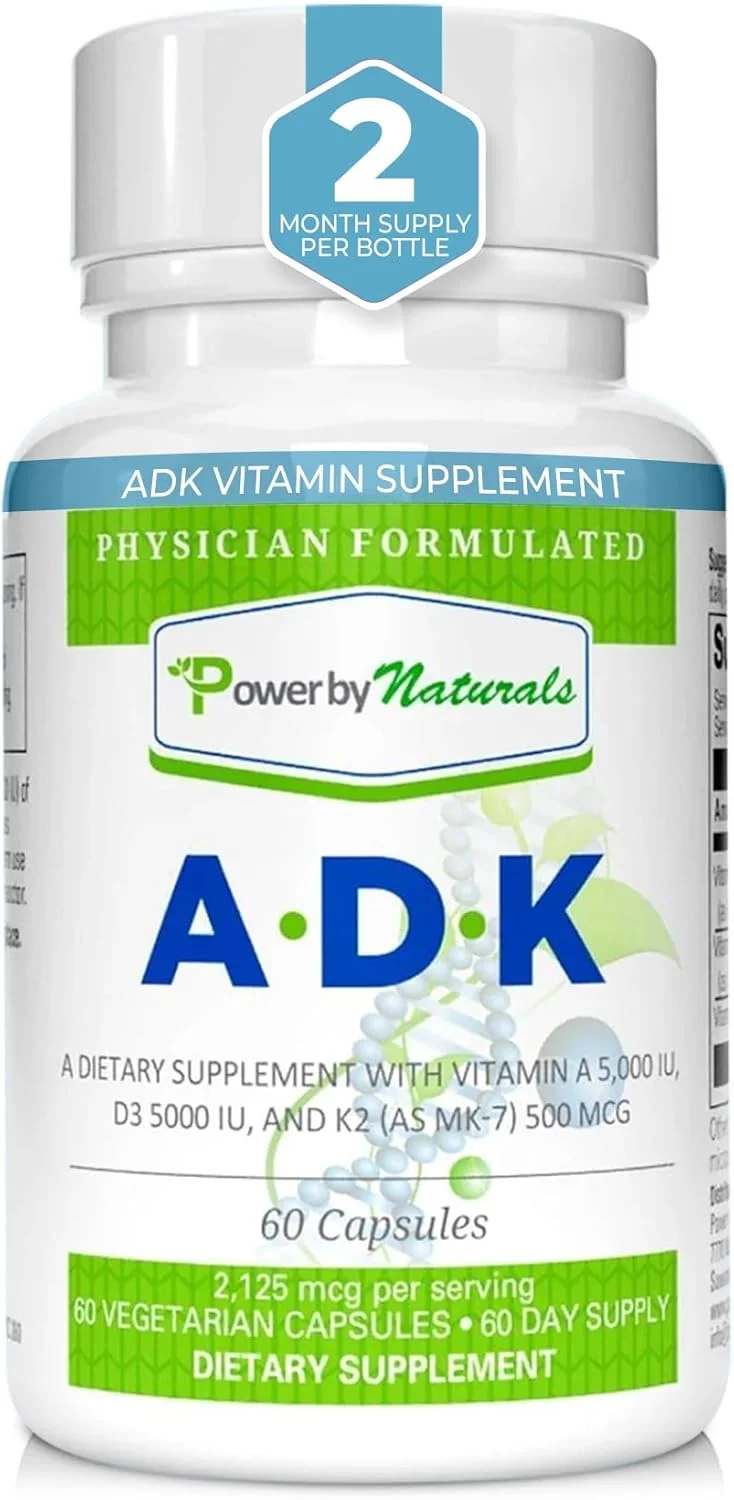 مکمل ویتامین ADK پاور بای نچرالز - ویتامین A + D3 K2 یک مکمل 3 در 1 برای پشتیبانی از سلامت استخوان، قلب و سیستم ایمنی - ویتامین D 5000 واحد بین المللی، ویتامین K2 به عنوان MK-7، 60 عدد