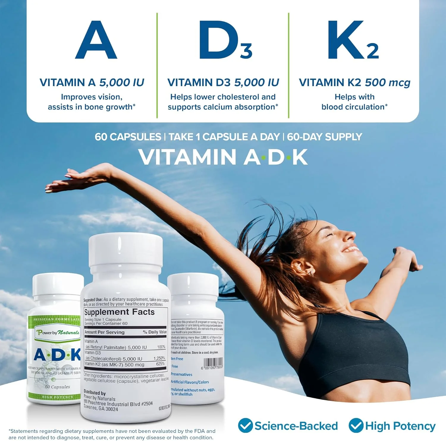 مکمل ویتامین ADK پاور بای نچرالز - ویتامین A + D3 K2 یک مکمل 3 در 1 برای پشتیبانی از سلامت استخوان، قلب و سیستم ایمنی - ویتامین D 5000 واحد بین المللی، ویتامین K2 به عنوان MK-7، 60 عدد