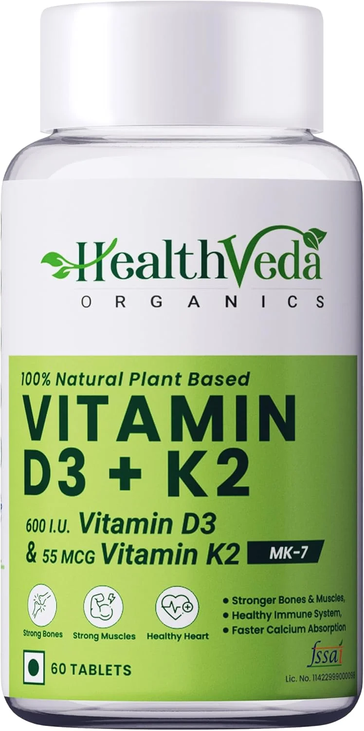 مکمل ویتامین D3 (400 IU) و ویتامین K2 به عنوان MK7 ارگانیک Health Veda | 60 قرص گیاهی | پشتیبانی از استخوان های سالم، تقویت سیستم ایمنی و سلامت مفاصل | برای مردان و زنان