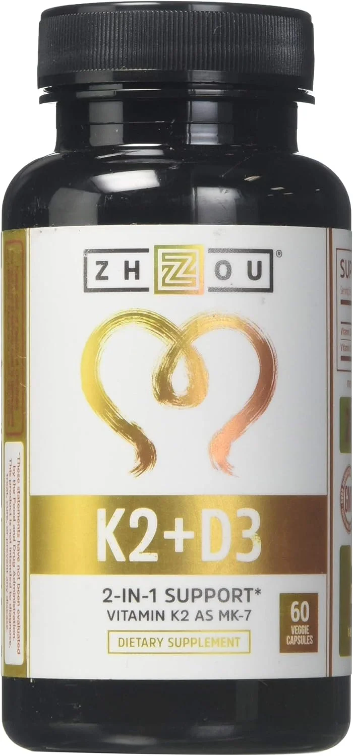 مکمل ویتامین K2 (MK7) به همراه D3 از برند Zhou Nutrition، فرمول سلامت استخوان و قلب، 5000 واحد بین المللی ویتامین D3 و 90 میکروگرم ویتامین K2 MK-7 - 60 کپسول گیاهی کوچک و آسان برای بلع