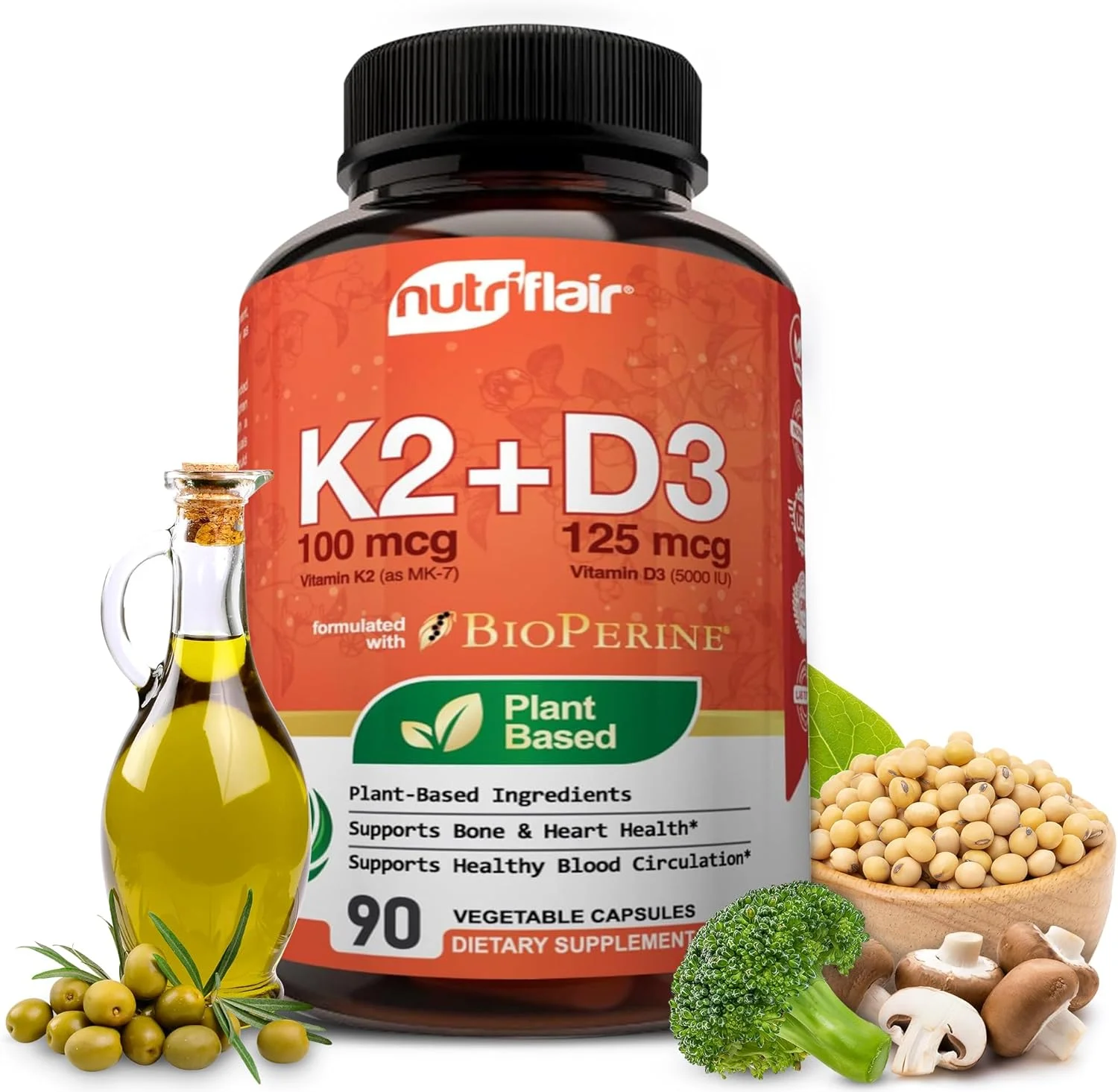 نوتری فلیر K2 (Mk7) گیاهی به همراه ویتامین D3 و BioPerine، 90 کپسول