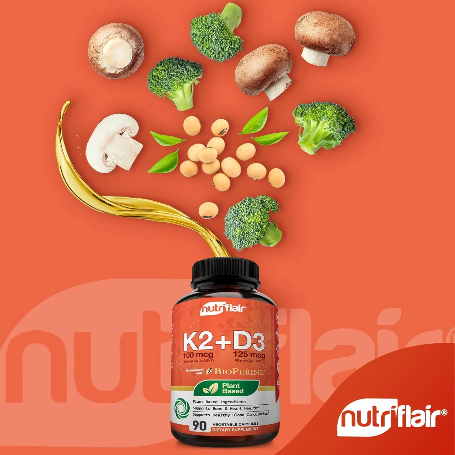 نوتری فلیر K2 (Mk7) گیاهی به همراه ویتامین D3 و BioPerine، 90 کپسول