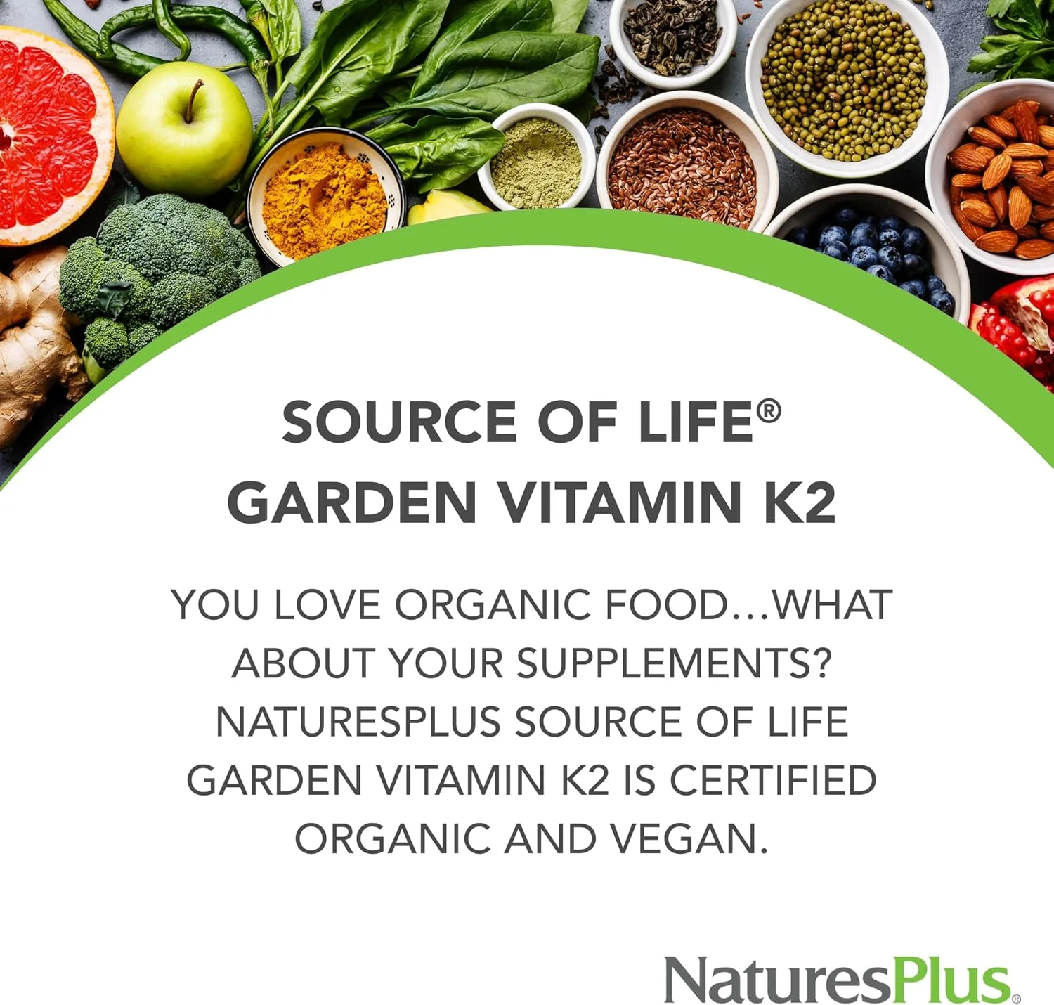 ویتامین K2 ارگانیک Nature's Plus Source of Life Garden - 60 کپسول گیاهی، بسته 2 عددی - پشتیبانی از استخوان - دارای گواهی ارگانیک، غیر GMO، بدون گلوتن - 120 سروینگ در مجموع