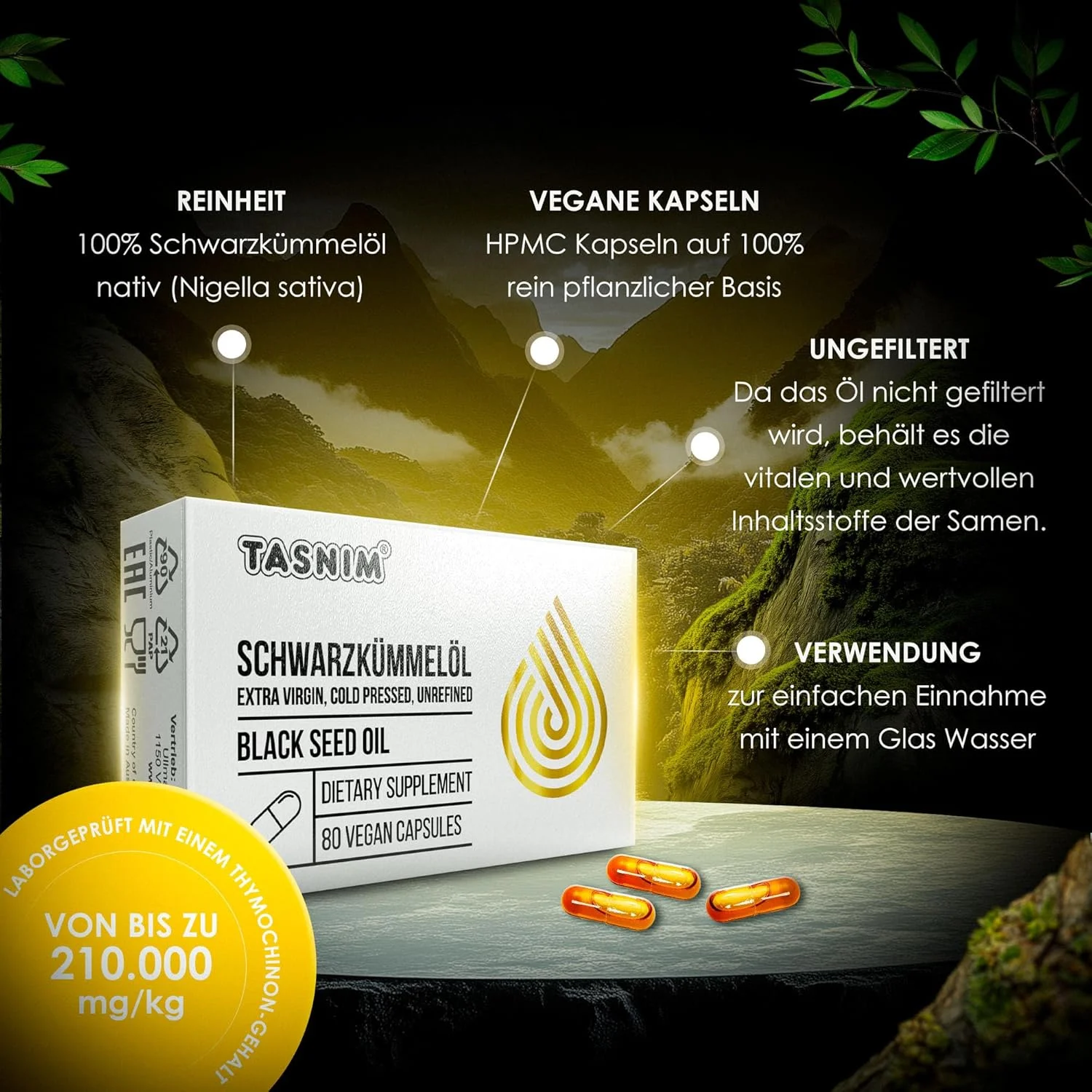 کپسول روغن دانه سیاه تسنیم، 80 سافت ژل | 100% خالص، پرس سرد | نیجلا ساتیوا فیلتر نشده | تیموکینون بالا | اسیدهای چرب امگا | وگان، بدون افزودنی | برای حمایت از سیستم ایمنی و سلامت مفاصل