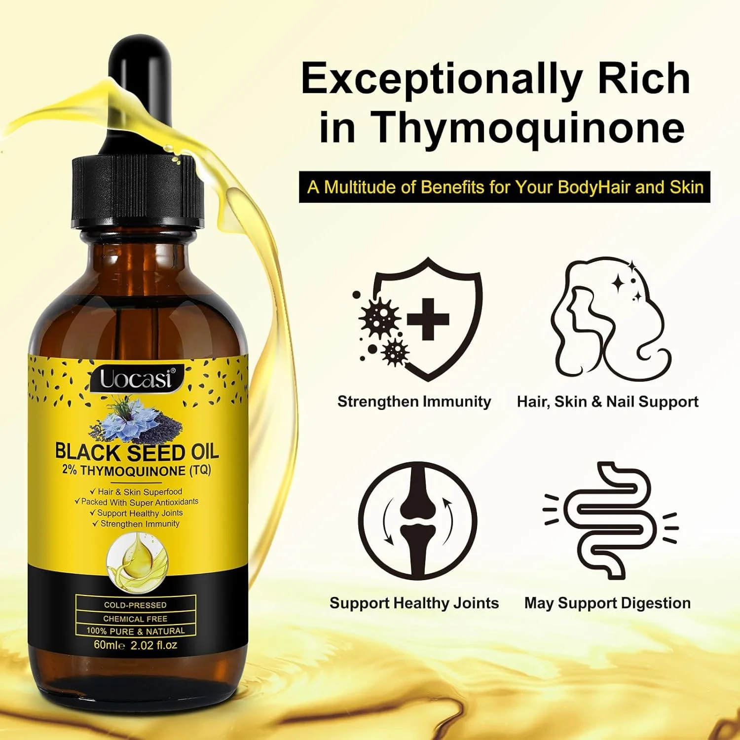 روغن سیاه دانه اوکاسی، پرس سرد، 100% خالص و طبیعی، مناسب برای رشد مو و مراقبت از پوست، 60 میلی لیتر