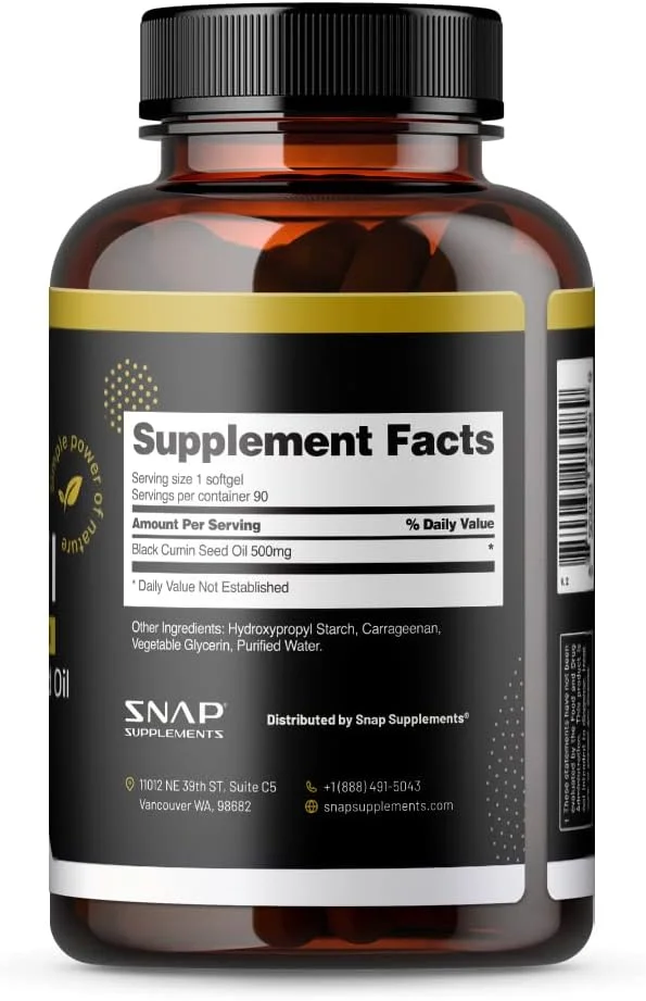 کپسول روغن دانه سیاه اسنپ ساپلمنتس - 100% پرس سرد | پشتیبانی از سیستم ایمنی، سم زدایی، تسکین التهاب، سلامت پوست، مو و مفاصل | دانه زیره سیاه ارگانیک، نیگلا ساتیوا با قدرت بالا | 90 کپسول