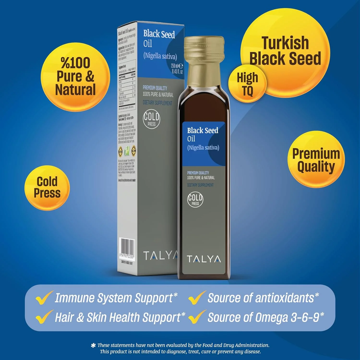 روغن سیاه دانه تالیا ۲۵۰ میلی لیتر: دارای تیموکینون بالا - پرس سرد، بدون آفت کش، ۱۰۰٪ روغن سیاه دانه زیره سیاه ترکی، غیر تراریخته، ۱۰۰٪ روغن سیاه دانه خالص مایع، بطری شیشه ای