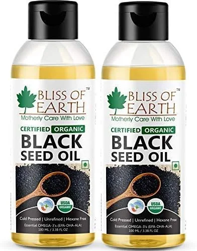 روغن دانه سیاه بلیس آف ارث، روغن کلونجی ارگانیک پرس سرد برای رشد مو، روغن دانه سیاه برای مراقبت از پوست، کمک به هضم و تقویت سیستم ایمنی، روغن حبة البرکه برای کاهش وزن - بسته 2 عددی 100 میلی لیتری
