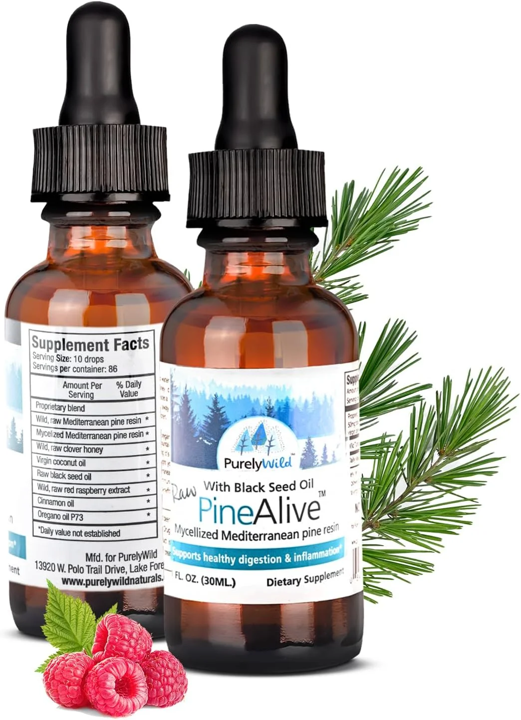 PURELY WILD PineAlive - کمپلکس صمغ درخت کاج خام و روغن دانه سیاه | پشتیبانی از انرژی و نشاط طبیعی | عصاره جنگلی برداشت شده از طبیعت | فرمول اصلی دکتر کاس اینگرام | 30 میلی لیتر با قطره چکان