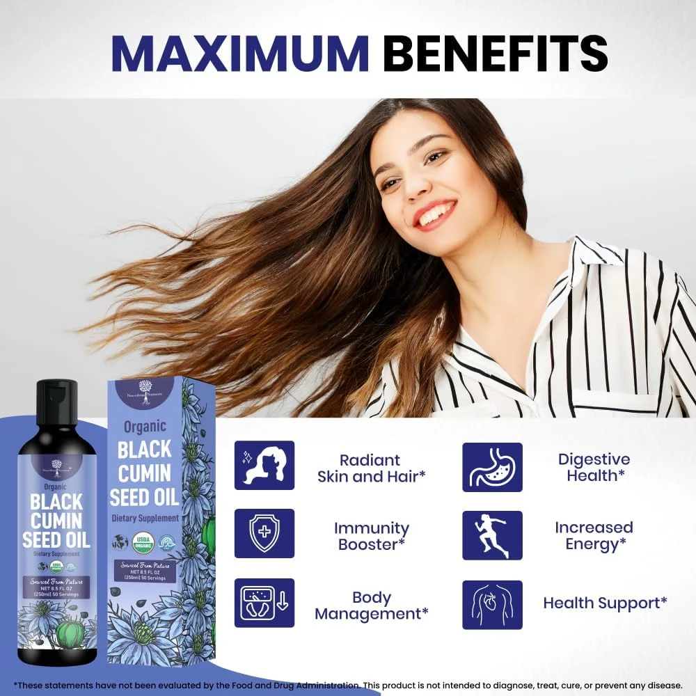 روغن دانه زیره سیاه ارگانیک - USDA - پرس سرد - حاوی تیموکینون تا 6 برابر قوی تر - دانه های زیره سیاه نیجلا ساتیوا خالص - مکمل ممتاز برای حمایت از ایمنی، مفاصل، پوست و مو (250 میلی لیتر)