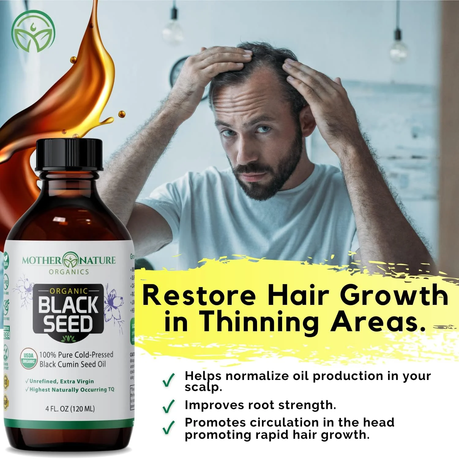 روغن دانه سیاه ارگانیک USDA (بطری شیشه ای 120 میلی لیتری) TQ حداقل 1.5٪، پرس سرد ممتاز، غیر GMO، تصفیه نشده، روغن دانه سیاه گیاهی Nigella Sativa با قدرت بالا به حمایت از سیستم ایمنی، عملکرد مغز و تحرک مفاصل کمک می کند.