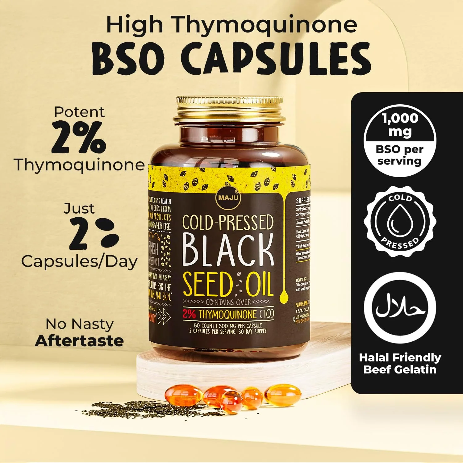 کپسول روغن دانه سیاه‌دانه فشرده سرد Maju Superfoods با 2% تیموکینون - سیاه