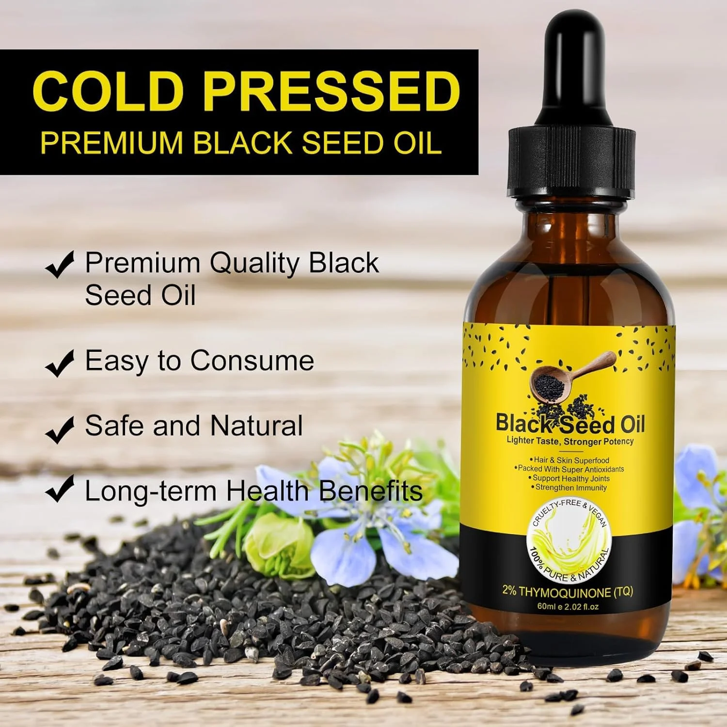 روغن سیاه دانه، 60 میلی لیتر، روغن سیاه دانه ارگانیک پرس سرد تصفیه نشده، روغن دانه طبیعی خالص برای رشد مو، تقویت ایمنی، سلامت دستگاه گوارش و حمایت از مغز، بطری شیشه ای، 60 میلی لیتر