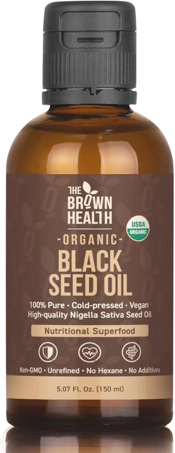 روغن دانه سیاه (Nigella Sativa) براون هلث - روغن زیره سیاه - 100% خالص و ارگانیک، مناسب برای مواد غذایی، پرس سرد - 150 میلی لیتر