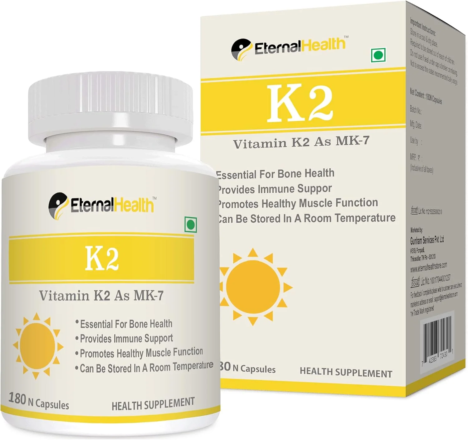 ویتامین K2 به شکل MK-7 از EternalHealth، فرم قوی K2 - 180 کپسول گیاهی