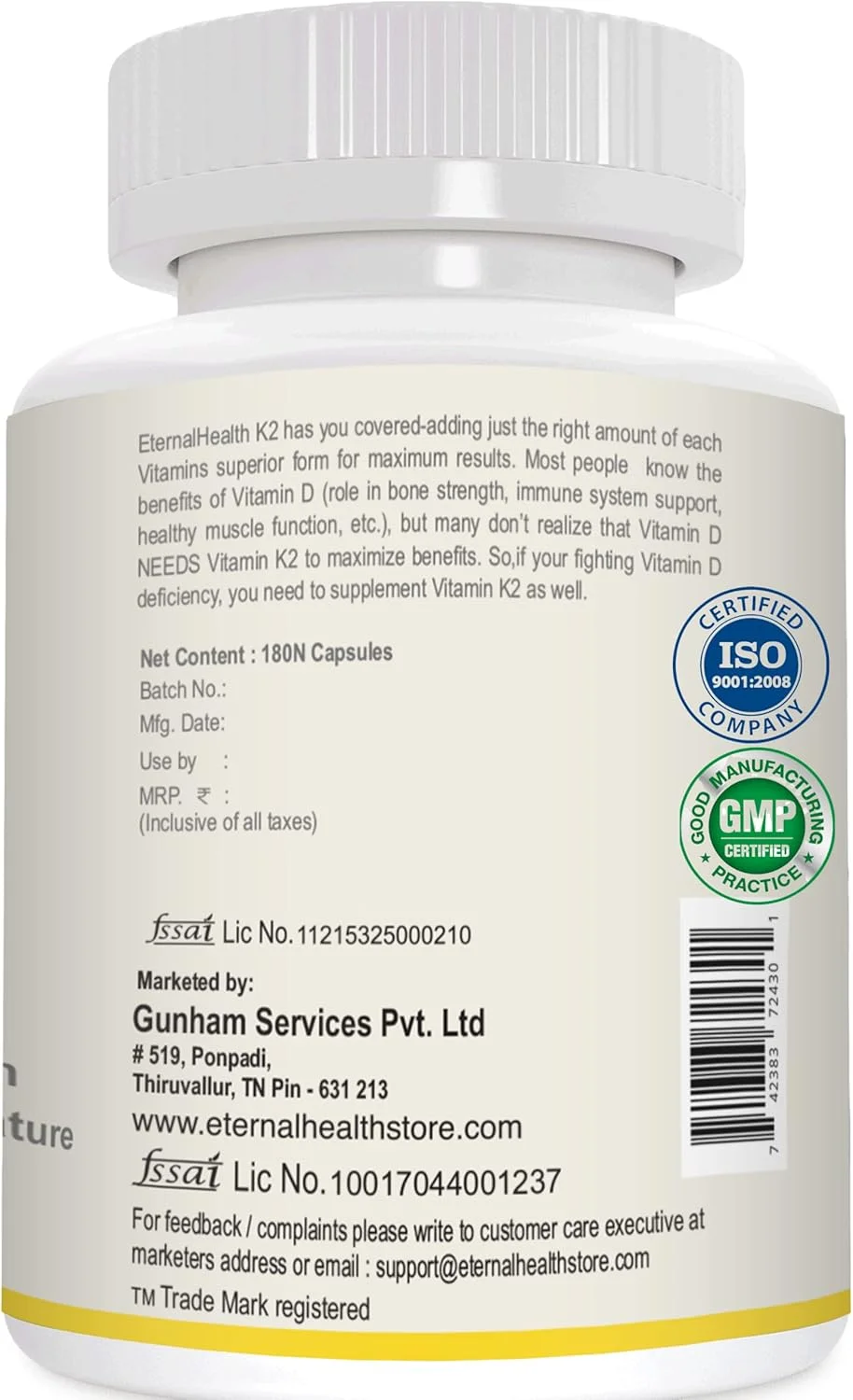 ویتامین K2 به شکل MK-7 از EternalHealth، فرم قوی K2 - 180 کپسول گیاهی