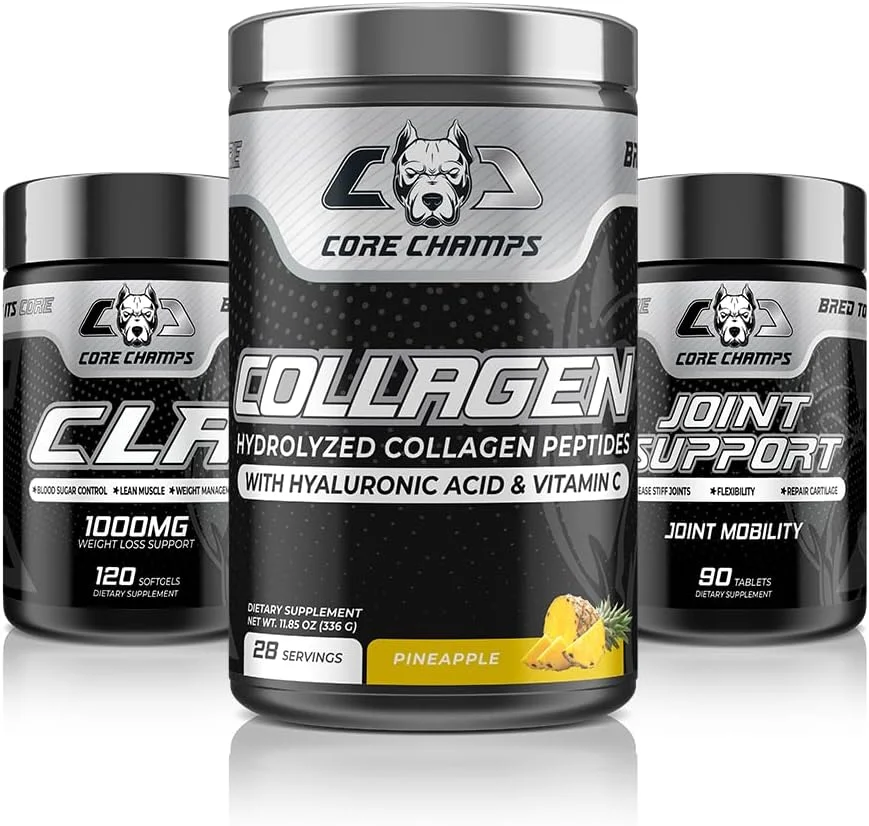 بسته مکمل های ورزشی Core Champs - سی ال ای ۱۰۰۰ میلی گرم (۱۲۰ سروینگ) + کلاژن با طعم آناناس (۲۸ سروینگ) + پشتیبانی از مفاصل (۳۰ سروینگ)