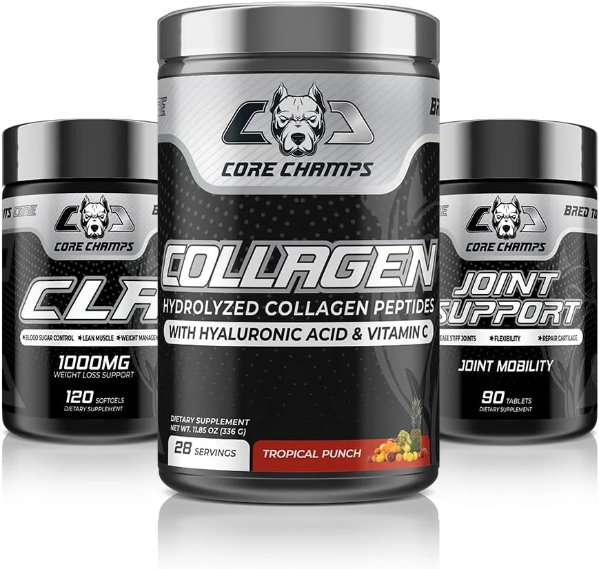 بسته مکمل های ورزشی Core Champs - CLA 1000mg (120 سروینگ) + کلاژن با طعم پانچ استوایی (28 سروینگ) + پشتیبانی از مفاصل (30 سروینگ)