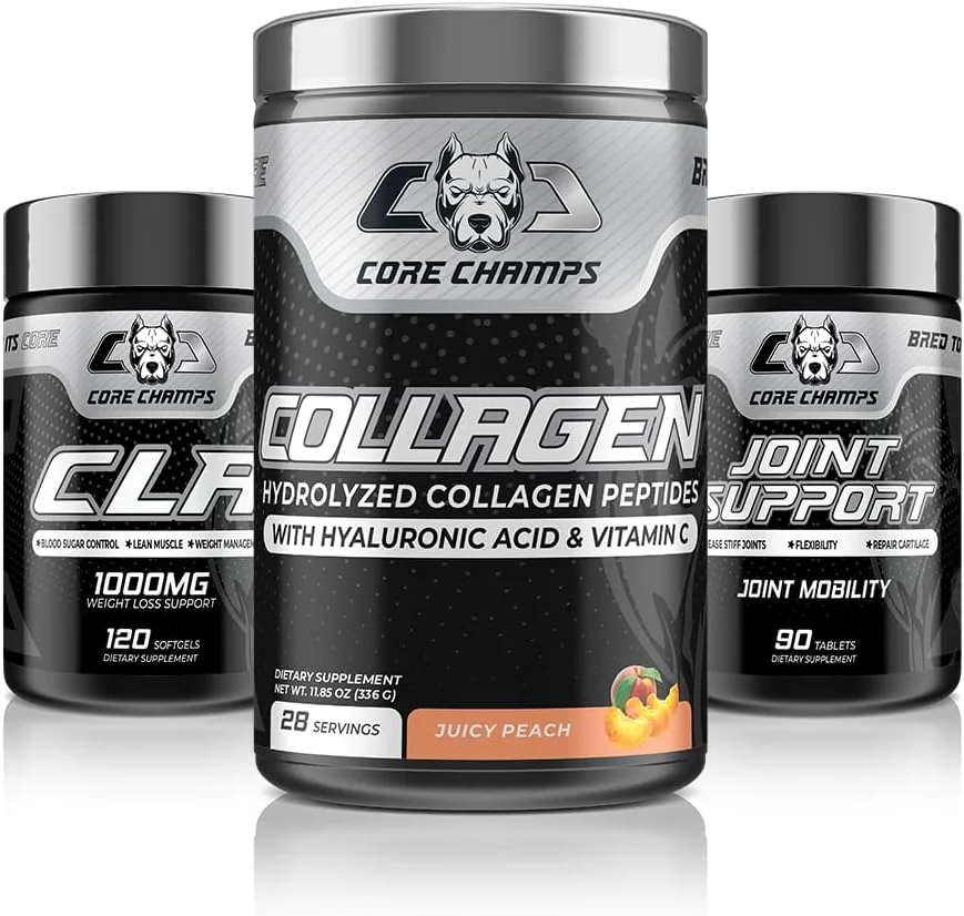 بسته مکمل های ورزشی Core Champs - سی ال ای ۱۰۰۰ میلی گرم (۱۲۰ سروینگ) + کلاژن با طعم هلو (۲۸ سروینگ) + پشتیبانی از مفاصل (۳۰ سروینگ)