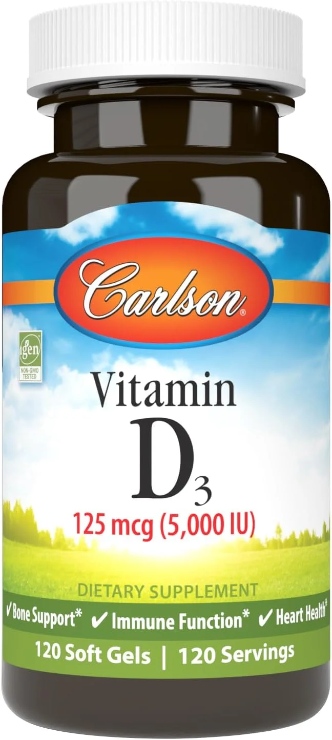 کارلسون - ویتامین D3 5000 IU (125 میکروگرم)، پشتیبانی از سیستم ایمنی، سلامت استخوان، سلامت عضلات، کوله کلسیفرول، مکمل های ویتامین D، سافت ژل های ویتامین D3، 120 سافت ژل