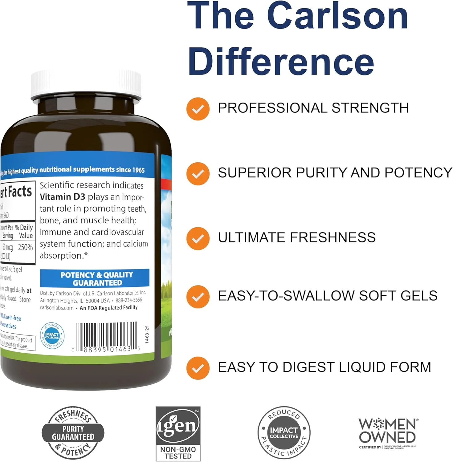 کارلسون ویتامین D3 2000 واحد بین المللی (50 میکروگرم)، کوله کلسیفرول، سلامت استخوان و سیستم ایمنی، 360 سافت ژل