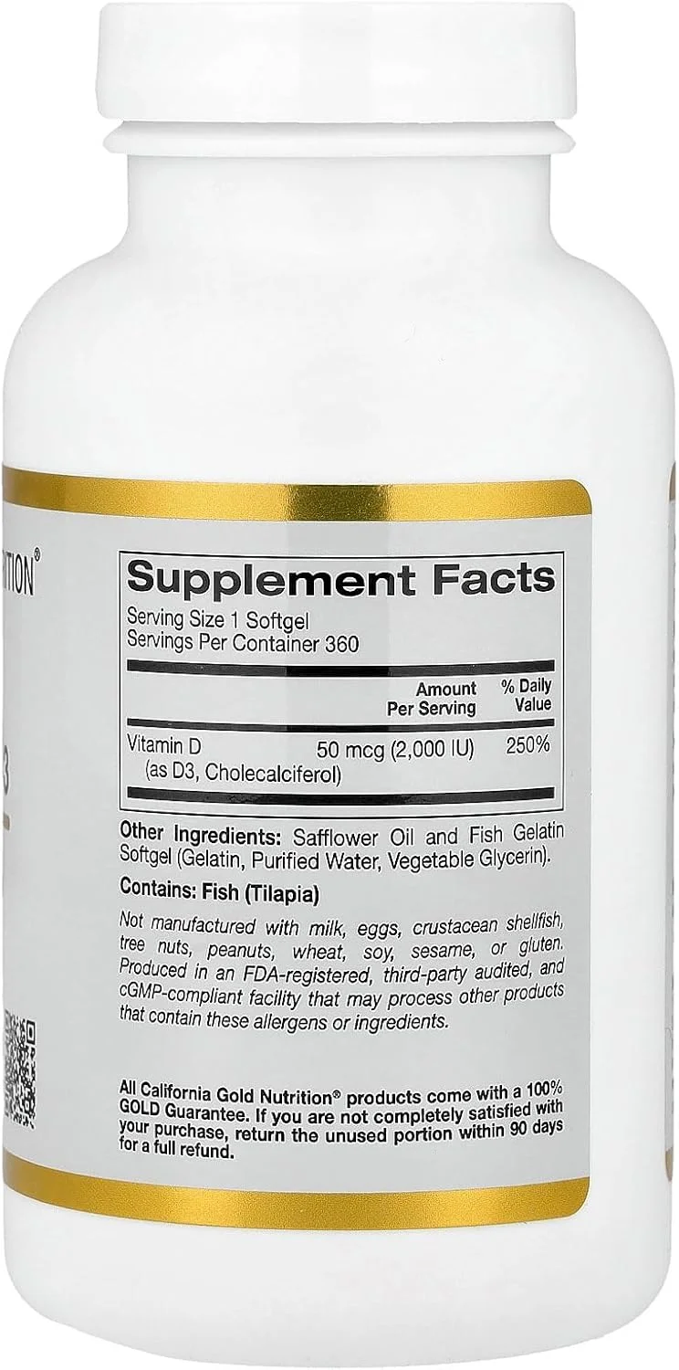 کالیفرنیا گلد Nutrition، ویتامین D3، 50 میکروگرم (2000 واحد بین المللی)، 360 سافت ژل ژلاتین ماهی