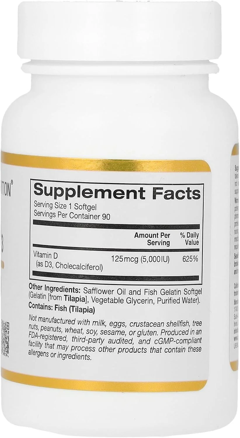 کالیفرنیا گلد Nutrition، ویتامین D3، 125 میکروگرم (5000 واحد بین المللی)، 90 سافت ژل ژلاتین ماهی
