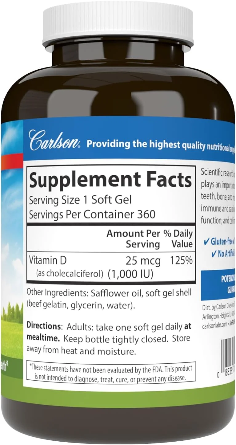 کارلسون لبز، ویتامین D3، 25 میکروگرم (1000 واحد بین المللی)، 360 سافت ژل