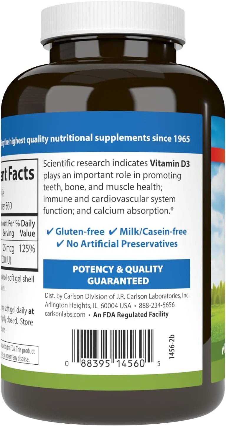 کارلسون لبز، ویتامین D3، 25 میکروگرم (1000 واحد بین المللی)، 360 سافت ژل