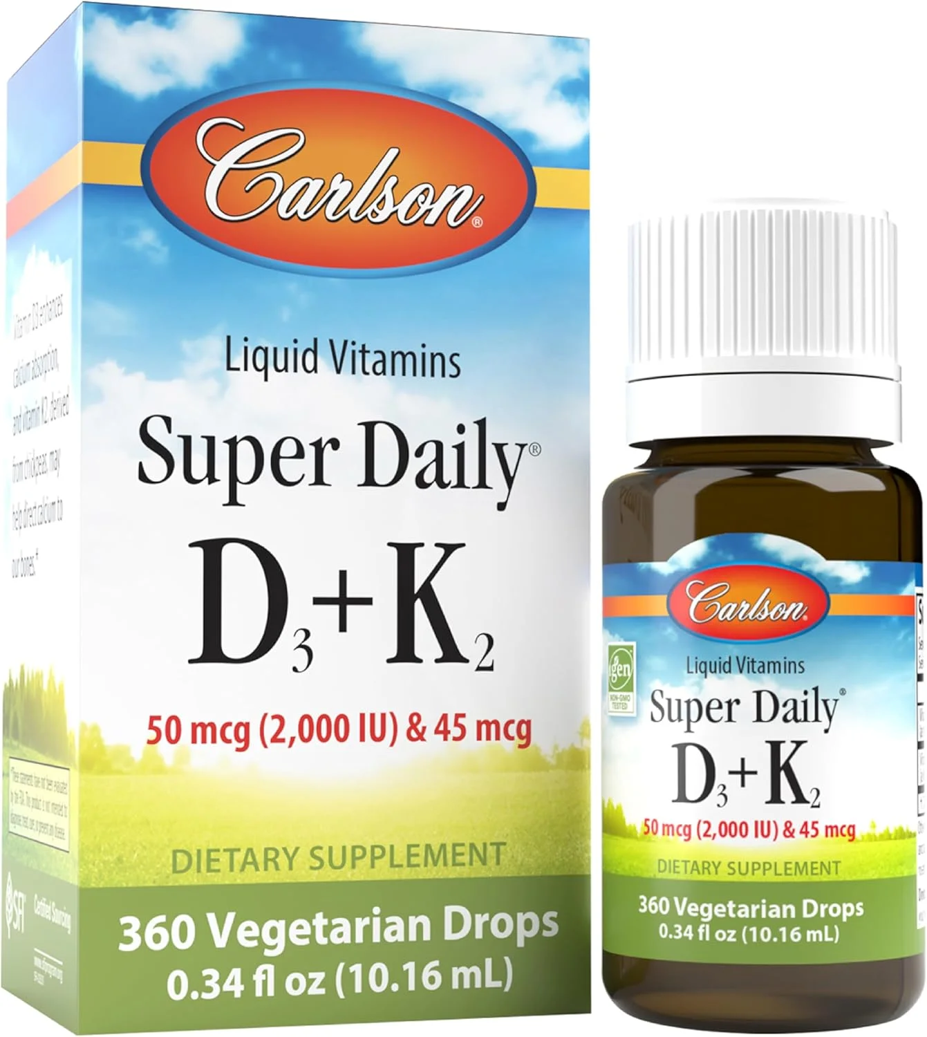 کارلسون سوپر دیلی D3 + K2، 50 میکروگرم D3 + 45 میکروگرم MK-7، سلامت قلب و استخوان، 360 قطره مایع، 10.16 میلی لیتر