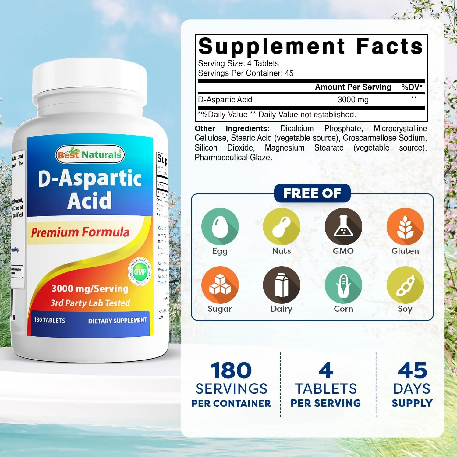 بهترین نچرالز دی آسپارتیک اسید (DAA) 3000 میلی گرم در هر وعده - غیر GMO و بدون گلوتن - 180 قرص