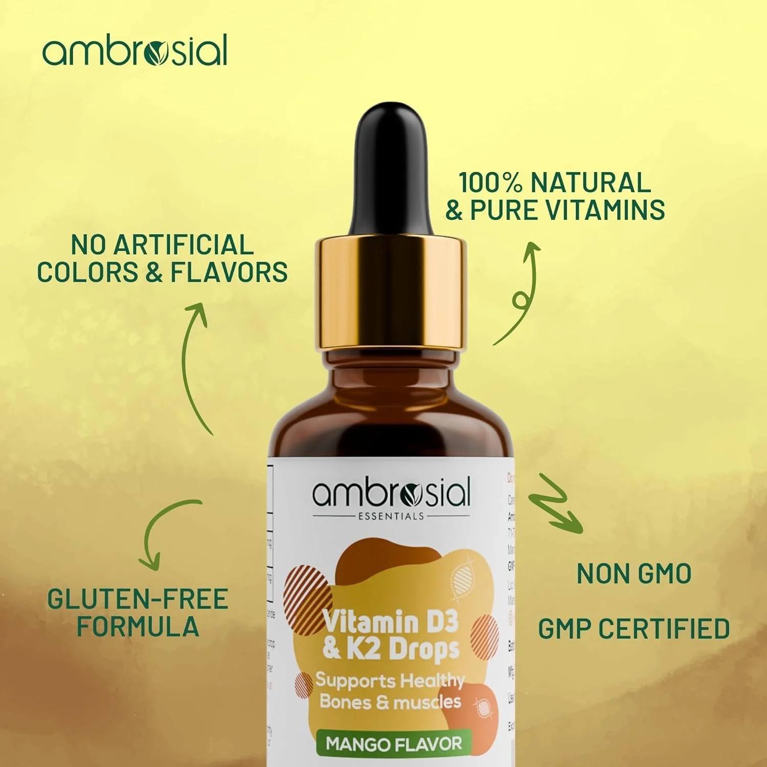 قطره خوراکی ویتامین D3 K2 آمبروسیال برای بزرگسالان و کودکان | طعم انبه، ویتامین D مایع با قدرت بالا 500 واحد بین المللی و ویتامین K2 50 میکروگرم در هر قطره (بسته 1 عددی - 30 میلی لیتر)