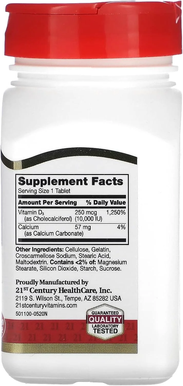 ویتامین د3 21st Century به همراه کلسیم (10000 واحد بین المللی، 250 میکروگرم، 110 قرص، 57 میلی گرم)