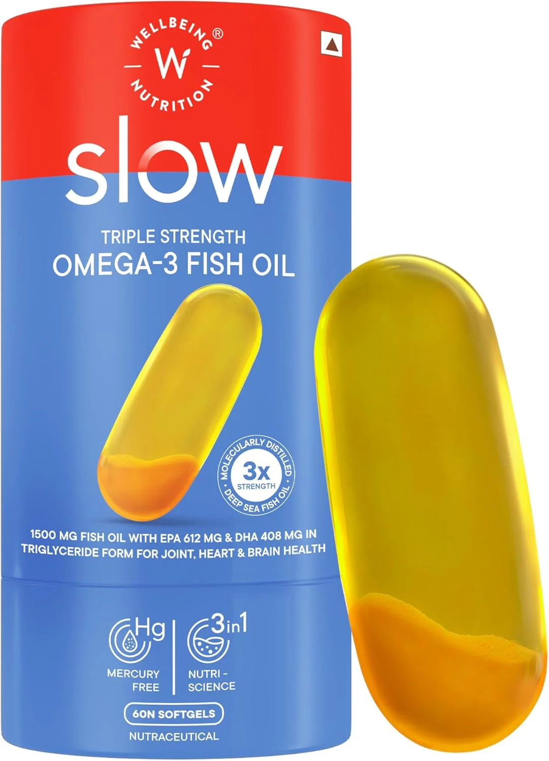 روغن ماهی امگا 3 Wellbeing Nutrition Slow، روغن فوق بکر 1240 میلی گرم امگا 3، EPA، DHA و کورکومین با قدرت سه گانه پیشرفته 1250 میلی گرم، مغز، قلب، مفاصل، بینایی و ایمنی برای آقایان و بانوان، بدون جیوه (60 کپسول)