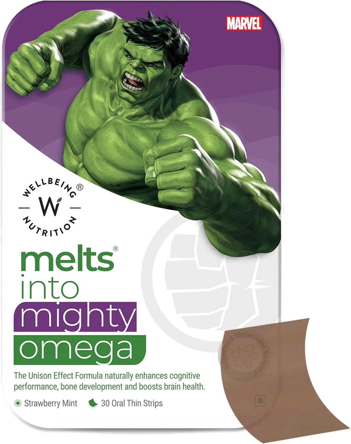 نوار خوراکی امگا 3 گیاهی کودکان (6+) Wellbeing Nutrition Marvel Hulk Melts | پشتیبانی از رشد مغز، تمرکز، سلامت چشم و قلب | امگا 3 EPA DHA جلبکی | طعم نعناع توت فرنگی (30 عدد)